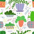 Cute seamless pattern with house plants and doodles. Flowers in a pots. Hygge home. Vector background design