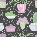 Cute seamless pattern with house plants and doodles. Flowers in a pots. Hygge home. Vector background design