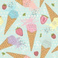 Cute seamless pattern with ice creams, strawberries
