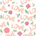 Cute seamless pattern with the inscription Love. Flat style for textile, packaging design. Royalty Free Stock Photo