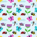 Cute seamless pattern with insects and flowers. Royalty Free Stock Photo