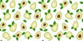 Cute seamless pattern with kawaii avocado characters and leaves on a white background with outline avocado Royalty Free Stock Photo