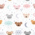 Cute seamless pattern for kids with cartoon little mouses. Children background with moon, stars and clouds. Lovely animals Royalty Free Stock Photo