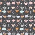 Cute seamless pattern for kids with cartoon little mouses. Lovely animals. Children background with moon, stars and clouds