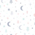 Cute seamless pattern for kids. Lovely children background with moon, stars and trees