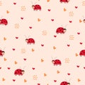 Cute seamless pattern with ladybugs and hearts in a flat Scandinavian style. Vector illustration for Valentine s day