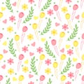 Cute seamless pattern with leaves, flowers, tulip and hearts.