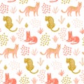 Cute seamless pattern with Leopards, tropical leaves and shapes. Hand drawn wallpaper.