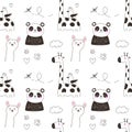 Cute seamless pattern with line art style wild animals - adorable hand drawn safari themed repeat pattern design EPS Royalty Free Stock Photo