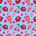 Cute seamless pattern with lips, cherry, milkshake and heart at marine stripes background