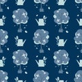 Cute  seamless pattern of little birds with watering can, butterfly and tree with tiny flower Royalty Free Stock Photo