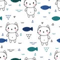 Cute seamless pattern with little cat and fishes. Childish sea background with funny characters Royalty Free Stock Photo