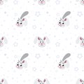 Cute seamless pattern with little Hare face, stars and dots. Vector illustration cartoon rabbit.