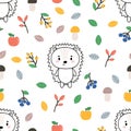 Cute seamless pattern with little hedgehog, apples and berries. Childish background with funny characters