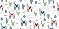 Cute Seamless pattern with llama, cactus and hand drawn elements. Creative childish hand drawn scandinavian texture. Great for