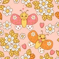 Cute seamless pattern with in love butterflies and daisy flowers on pink background with hearts. Groovy vector Royalty Free Stock Photo