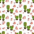 Cute seamless pattern with love cacti and hearts