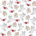 Cute seamless pattern with lovers hearts, white doves, letter