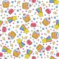 Cute seamless pattern with macaroons and cakes