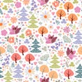 Cute seamless pattern of magic forest with different trees, flowers and leaves Royalty Free Stock Photo