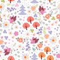 Cute seamless pattern of magic forest with trees and flowers Royalty Free Stock Photo