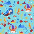 Seamless pattern with mermaids and stingray - vector illustration, eps Royalty Free Stock Photo