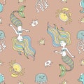 Cute seamless pattern with mermaids and cute sea animals Royalty Free Stock Photo