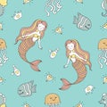 Cute seamless pattern with mermaids and sea animals Royalty Free Stock Photo