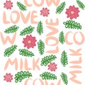 Dancing cow in the meadow cute seamless pattern, splashes of milk and the inscription Milk, Cow, Love. Flat Royalty Free Stock Photo