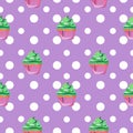 Cute seamless pattern with a mint cupcake and polka dots on violet background