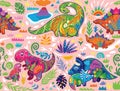 Cute seamless pattern with mom and baby dinosaurs and tropical plants. Vector illustration