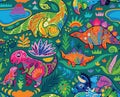 Cute seamless pattern with mom and baby dinosaurs and tropical plants. Vector illustration