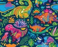 Cute seamless pattern with mom and baby dinosaurs and tropical plants. Vector illustration