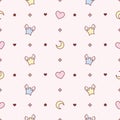 Cute seamless pattern of moon with hearts and winged stars, kawaii drawing, pastel color, vector