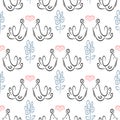 Cute seamless pattern with outlines of enamored birds, hearts and flowers. Sketch, doodle, scribble. Royalty Free Stock Photo