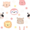 Cute seamless pattern with panda, bunny, cat, lion, bear and sloth. cute vector texture for baby bedding