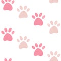 Cute seamless pattern with pink crayon pencil textured pet paw print on white background. Sweet vector animal texture, wallpaper