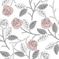 Cute seamless pattern with pink roses and light grey leaves isolated on white background Royalty Free Stock Photo