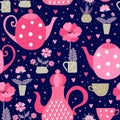 Cute seamless pattern with pink teapots, cups and flowers in pots. Romantic teatime. Vector illustration Royalty Free Stock Photo