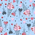 Cute Seamless pattern of pink watercolor abstract ice cream, lollipops and hearts. Hand drawn bright texture in sketch style. For Royalty Free Stock Photo