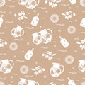 Cute seamless pattern with pitcher of sangria, orange, bottle of