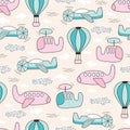 Cute seamless pattern with plane and balloon. Vector illustration funny airplane on the sky with clouds. Pastel colors of blue and
