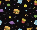 Cute seamless pattern with planets, pizza, hamburger,french fries and milk flying in open space.fast food print