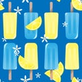 Cute seamless pattern of popsicles ice-cream with sliced lemon and lemon blossom on blue background design for summer print Royalty Free Stock Photo