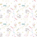 Cute seamless pattern with princess cat, crowns and ice cream. Royalty Free Stock Photo