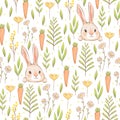 A cute seamless pattern with rabbits, carrots and flowers. Easter spring design with hares and grass. Imitation of Royalty Free Stock Photo