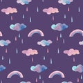 Cute seamless pattern with rainbow and pink and blue clouds with rain drops. Isolated on white watercolor rainbow and Royalty Free Stock Photo