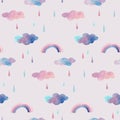 Cute seamless pattern with rainbow and pink and blue clouds with rain drops. Isolated on white watercolor rainbow and Royalty Free Stock Photo