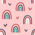 Cute seamless pattern with rainbows, hearts and dots. Drawn by hand.