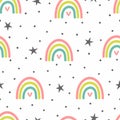 Cute seamless pattern with rainbows, hearts, stars and dots.